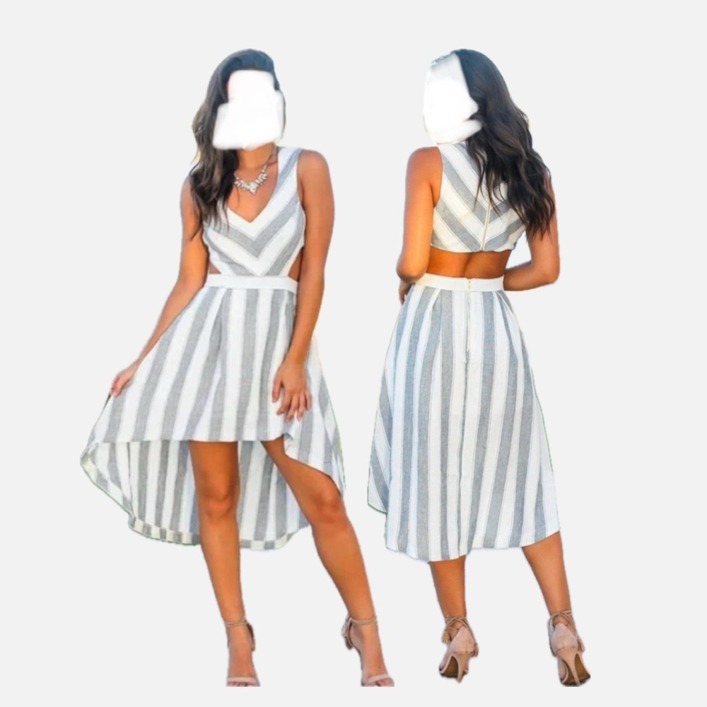 Balance blue & white Striped Sleeveless High-Low Dress, EUC lightweight size M.
